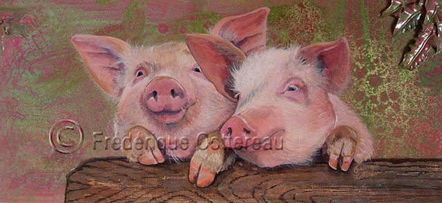 cochon detail peinture bois acrylique rose porcin humour nature vert