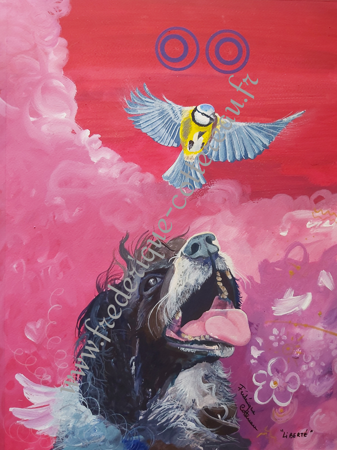 epagneul breton; chien;oiseau;mesange bleue; bleu rose;violetjeux optique; langue fleurs;coeur;ange;www.frederique-cottereau.fr;
